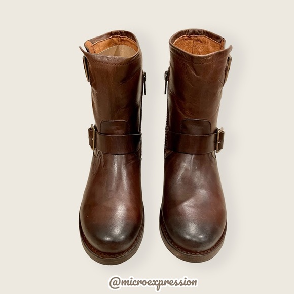 Frye Vicky Engineer Moto Brown Real Leather Belted Vintage Mid Calf Ankle Boot - Picture 12 of 16